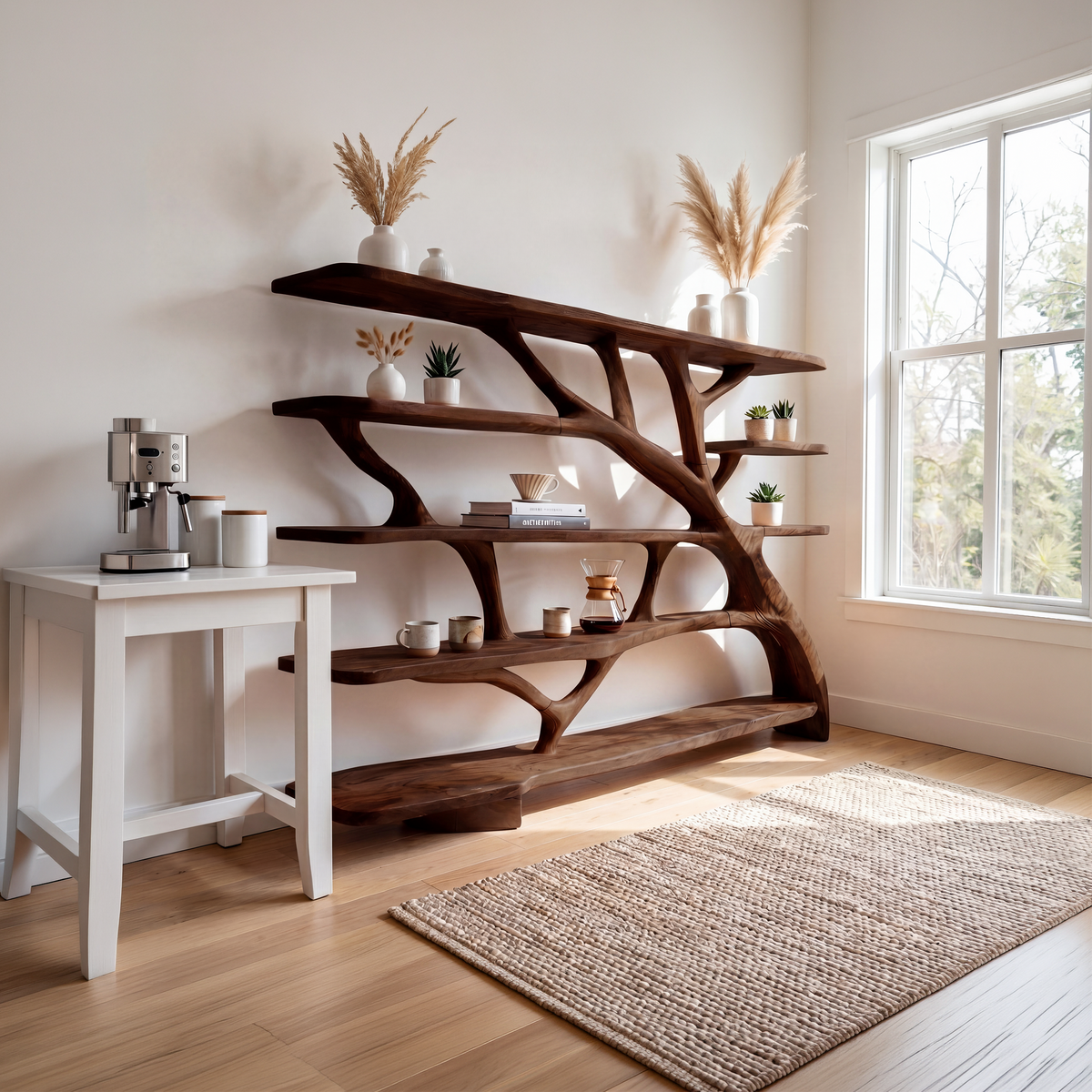 Wavy Sculptural Solid Wood Bookcase with Asymmetrical Shelves in Walnut finish