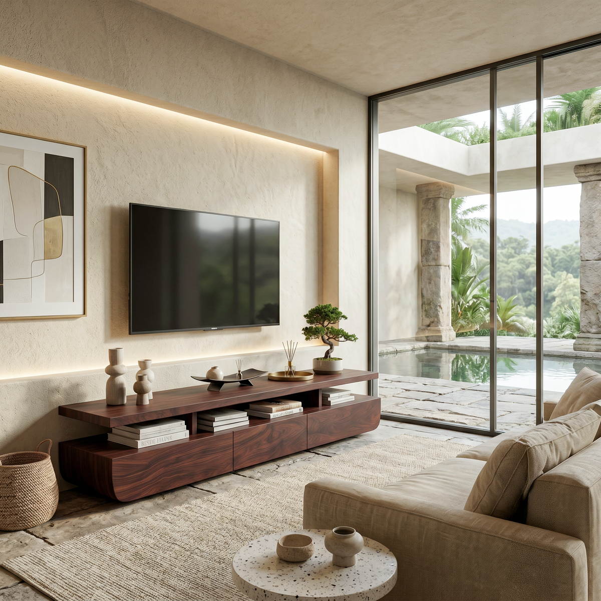 Contemporary Solid Wood TV Cabinet with Storage Drawers and Open Shelf in Walnut finish