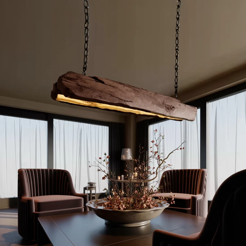 Rustic Solid Wood Log Beam Pendant Light for Kitchen Island in Walnut finish