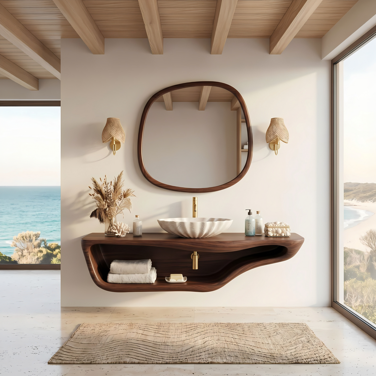 Live Edge Wood Vanity Countertop Shelf for Custom Bathrooms in Walnut finish