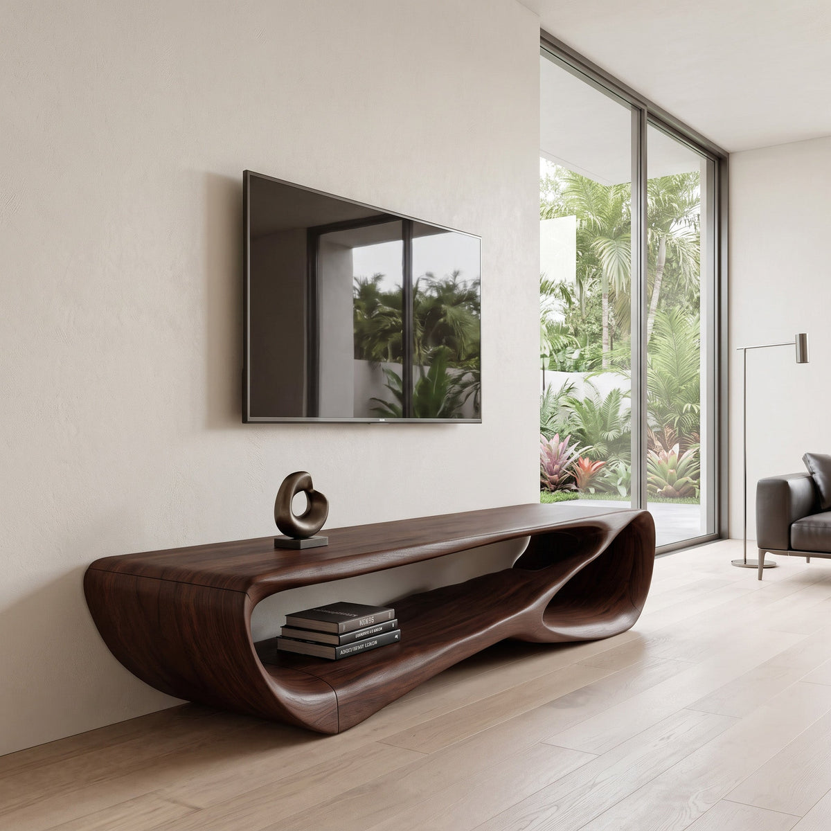 Curved Solid Wood Low TV Console with Open Center in Walnut finish