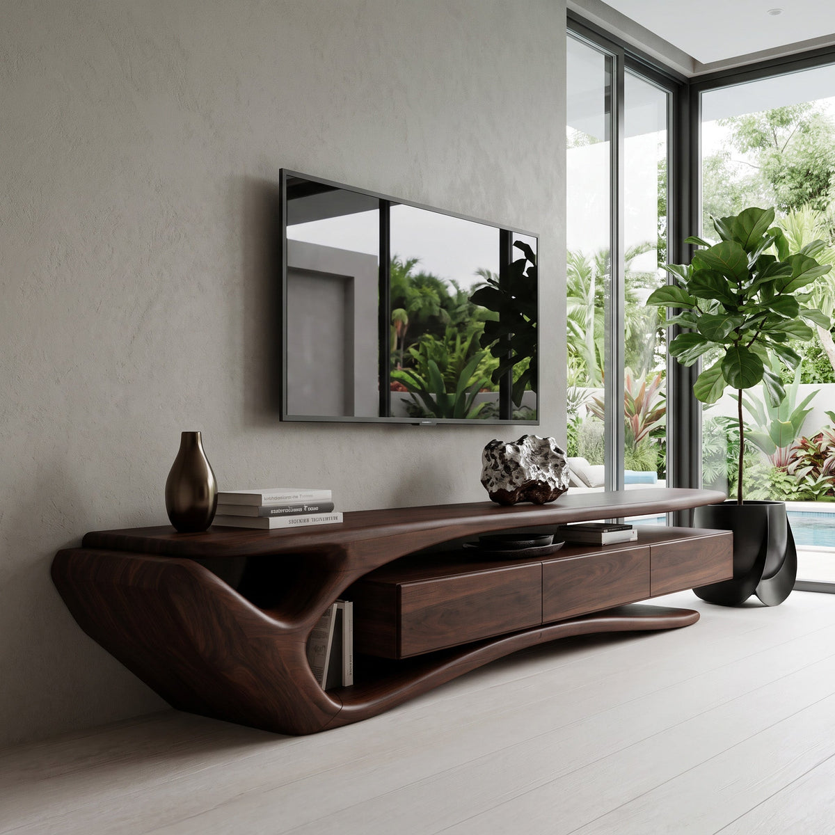 Sculptural Solid Wood TV Stand with Storage Drawers in Walnut finish
