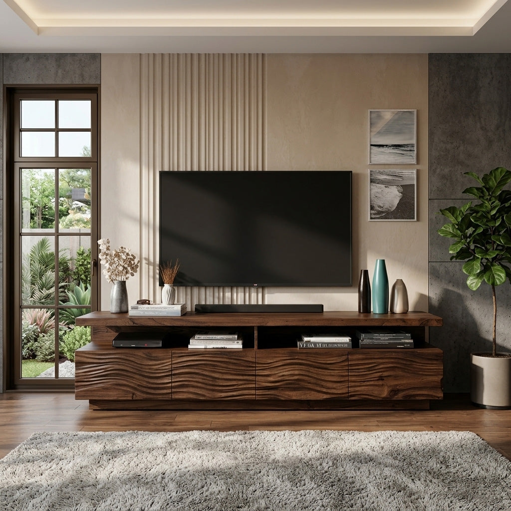 Solid Wood TV Stand with Wave Carved Storage Cabinets in Walnut finish