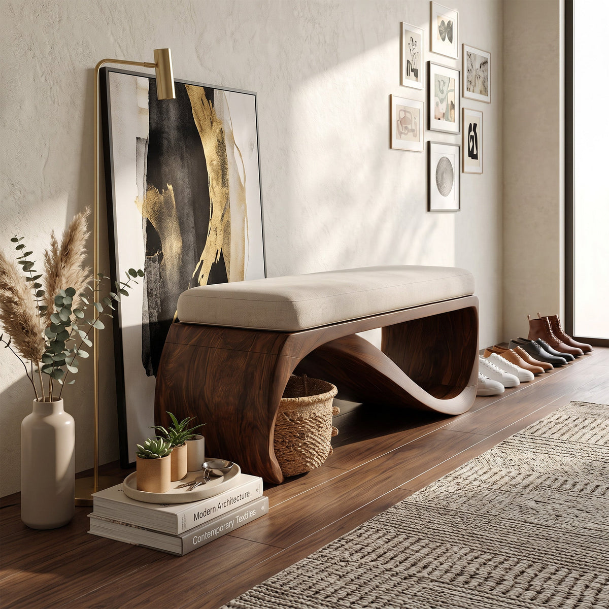 Mid-Century Solid Wood End-of-Bed Bench with Clean Lines in Walnut finish