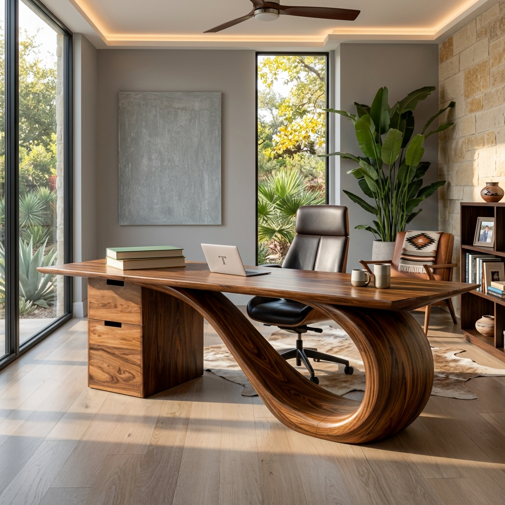 Modern Solid Wood Desk with Curved Sculptural Base and Drawers in Walnut finish