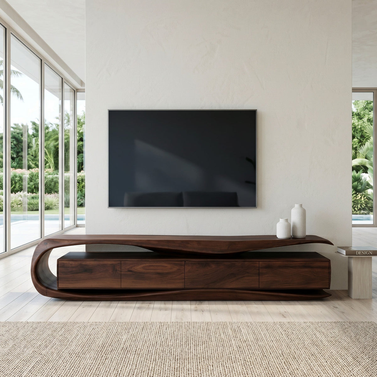 Organic Modern Solid Wood TV Console with Floating Look in Walnut finish