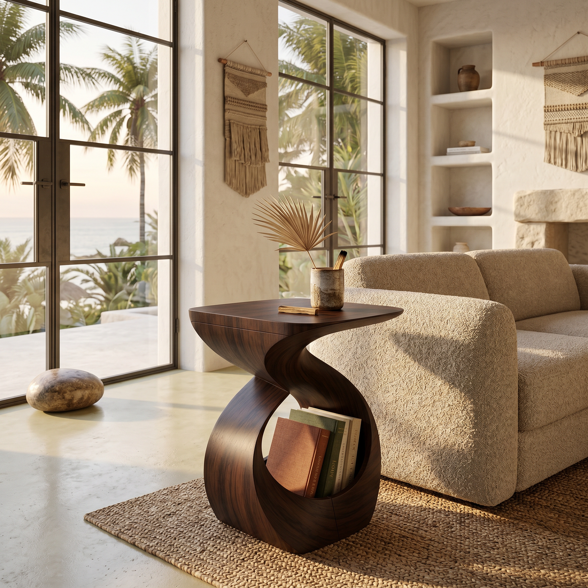 Contemporary Curved Solid Wood End Table with Open Sculptural Base in Walnut finish