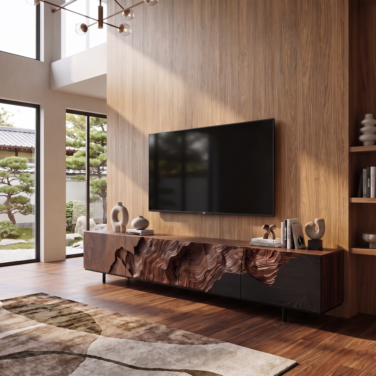 Rustic Solid Wood TV Console Stand with Open Shelving in Walnut finish