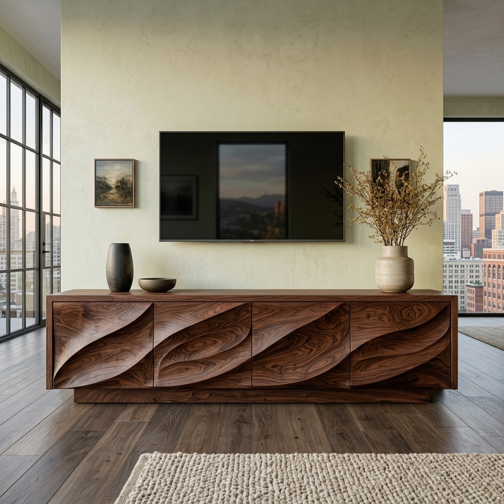 Solid Wood TV Cabinet with Carved Wave Doors in Walnut finish
