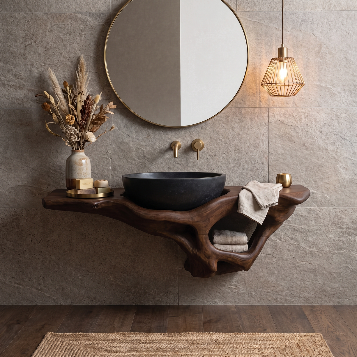 Mid-Century Live Edge Solid Wood Bathroom Vanity Shelf in Walnut finish