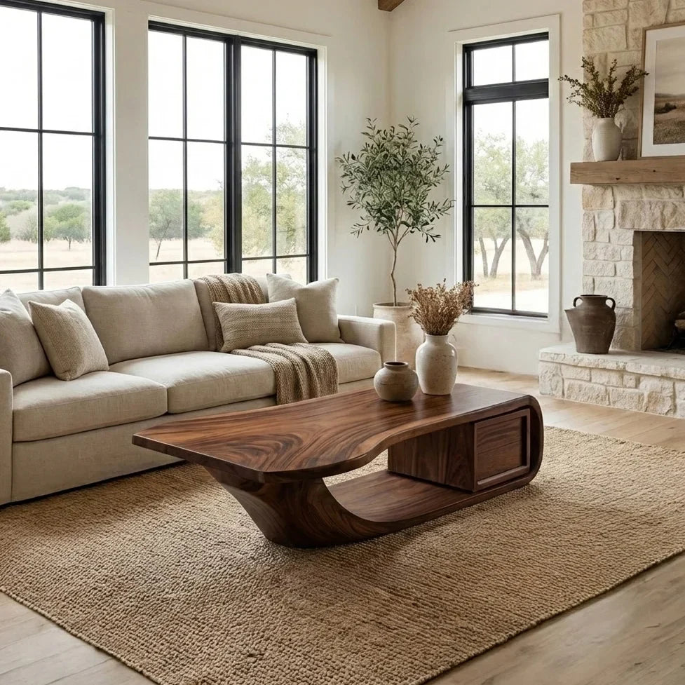 Modern Sculptural Wood Coffee Table with Curved Silhouette in Walnut finish