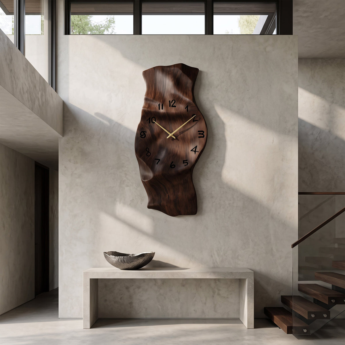 Vertical Solid Wood Sculptural Wall Clock with Organic Curves in Walnut finish