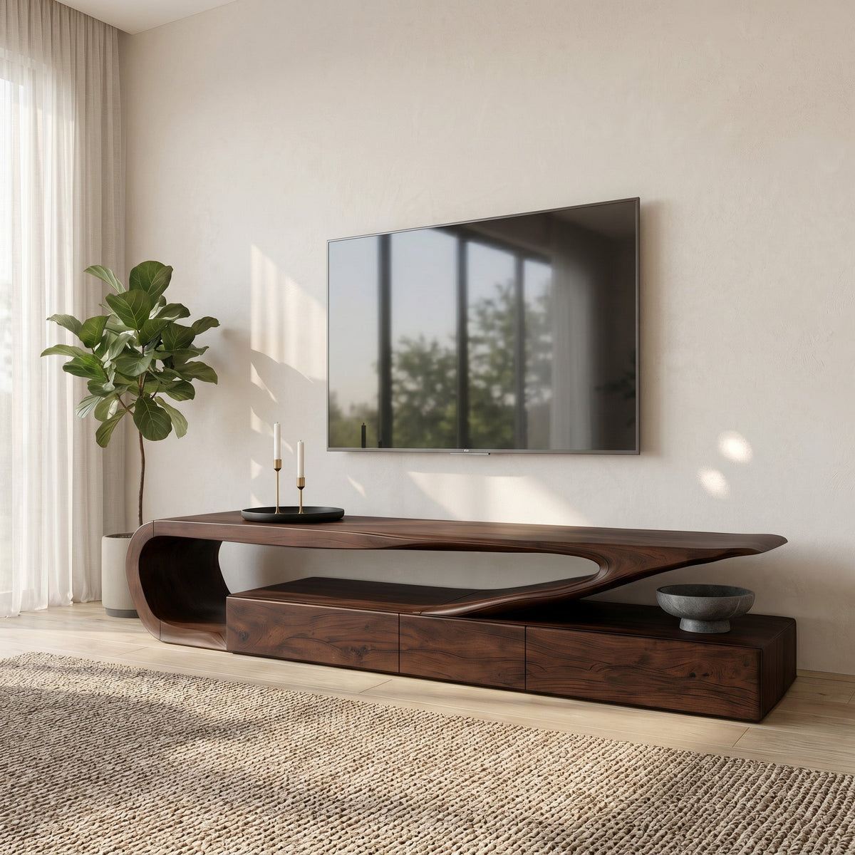 Minimalist Solid Wood TV Console with Drawers and Curved Frame in Walnut finish
