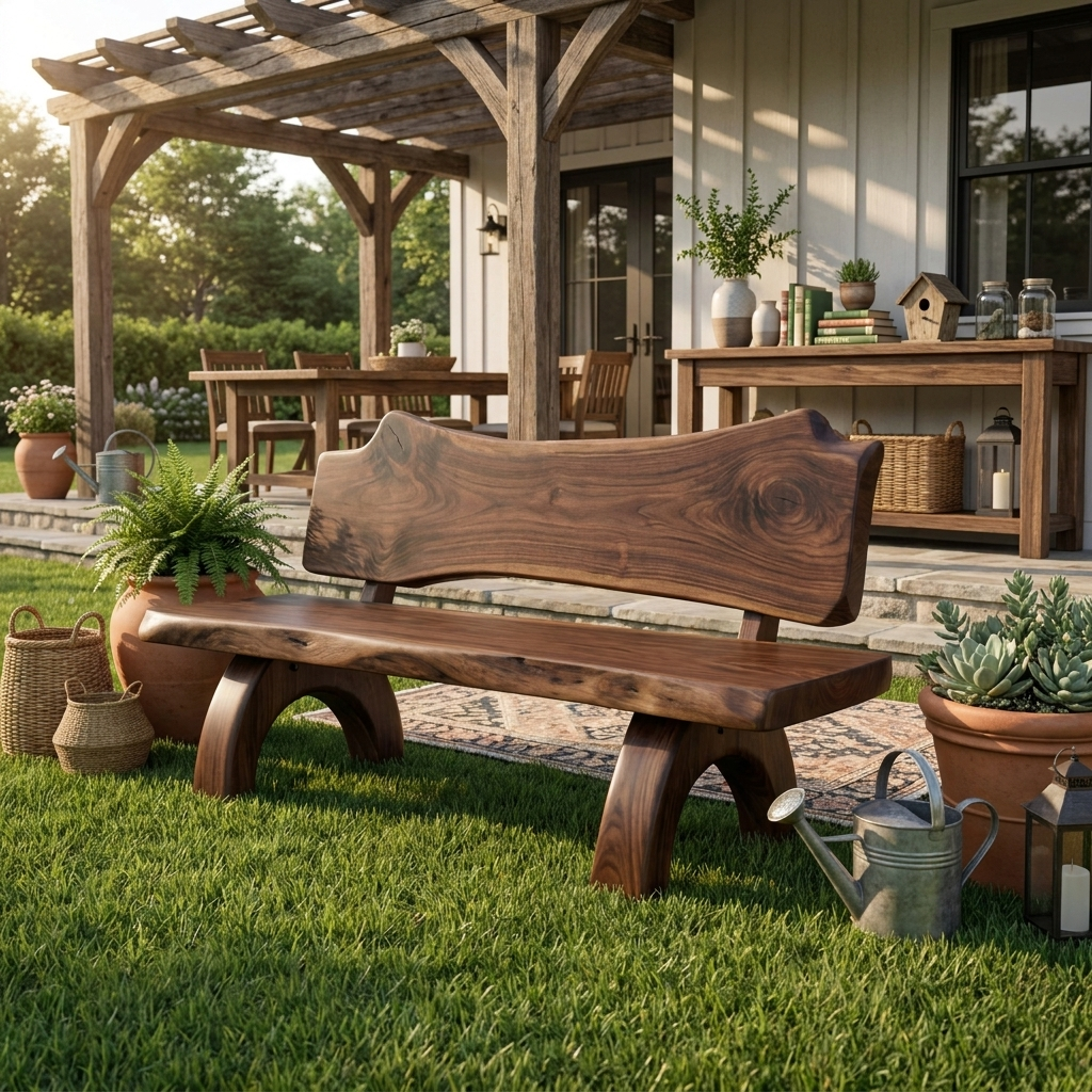 Rustic Live Edge Solid Wood Bench with Backrest for Patio in Walnut finish