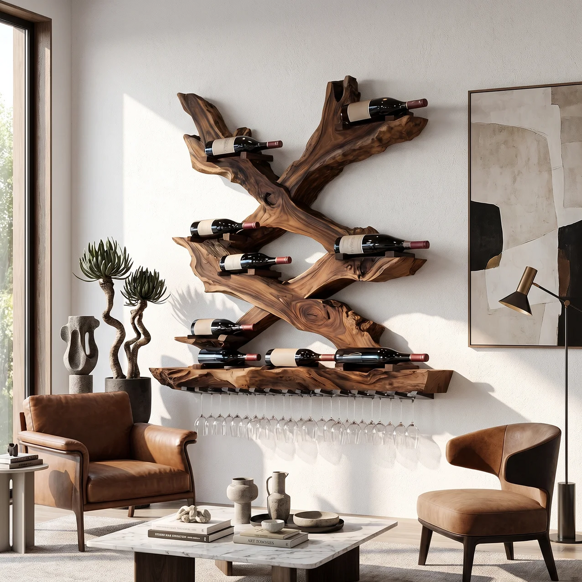 Monkeypod Wood Wall Wine Rack with Mid-Century Rustic Style in Walnut finish