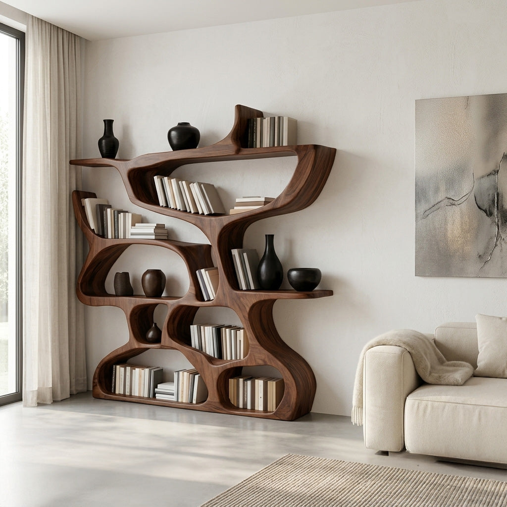 Organic Carved Solid Wood Bookshelf with Open Compartments in Walnut finish