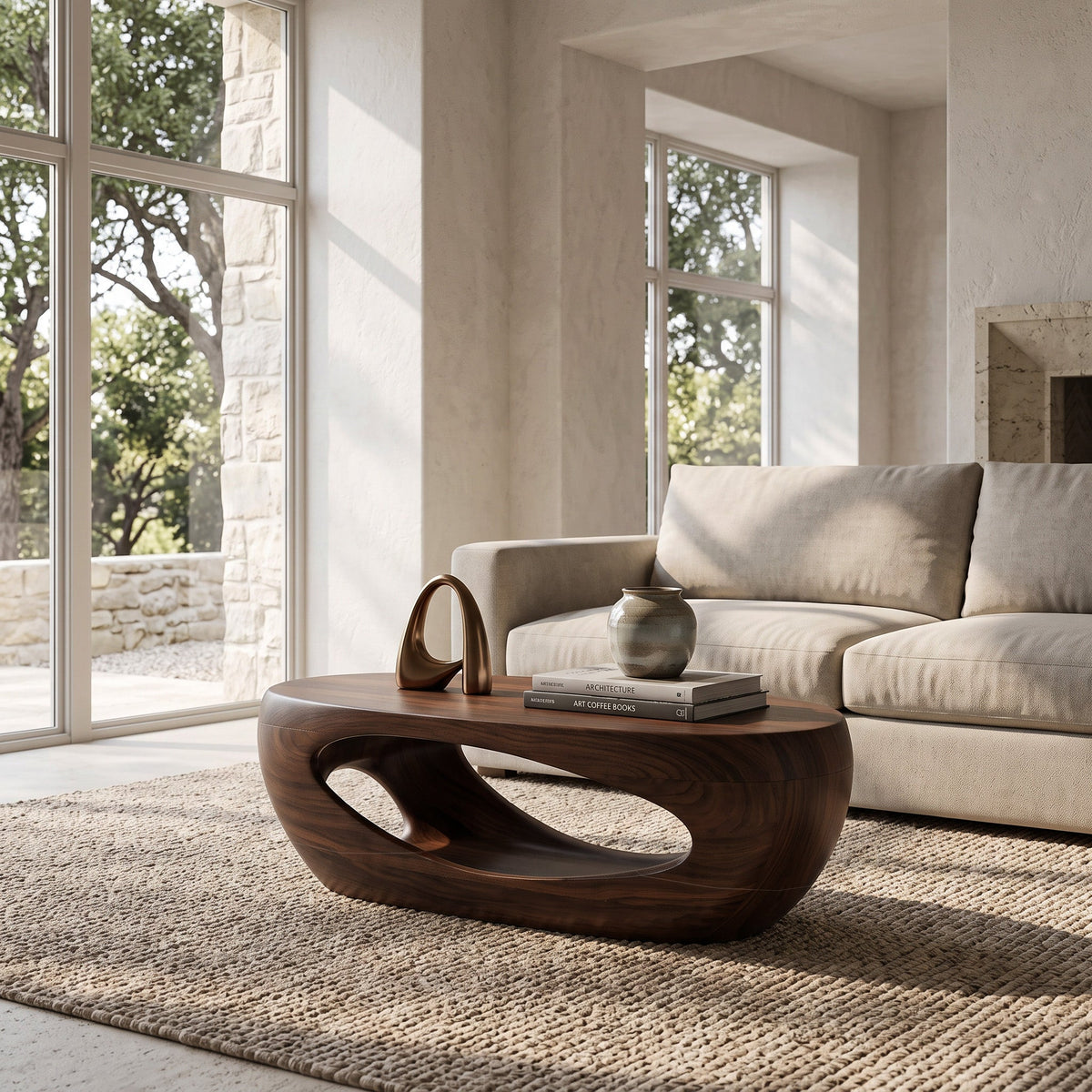 Mid-Century Sculptural Solid Wood Coffee Table with Hollow Cutouts in Walnut finish