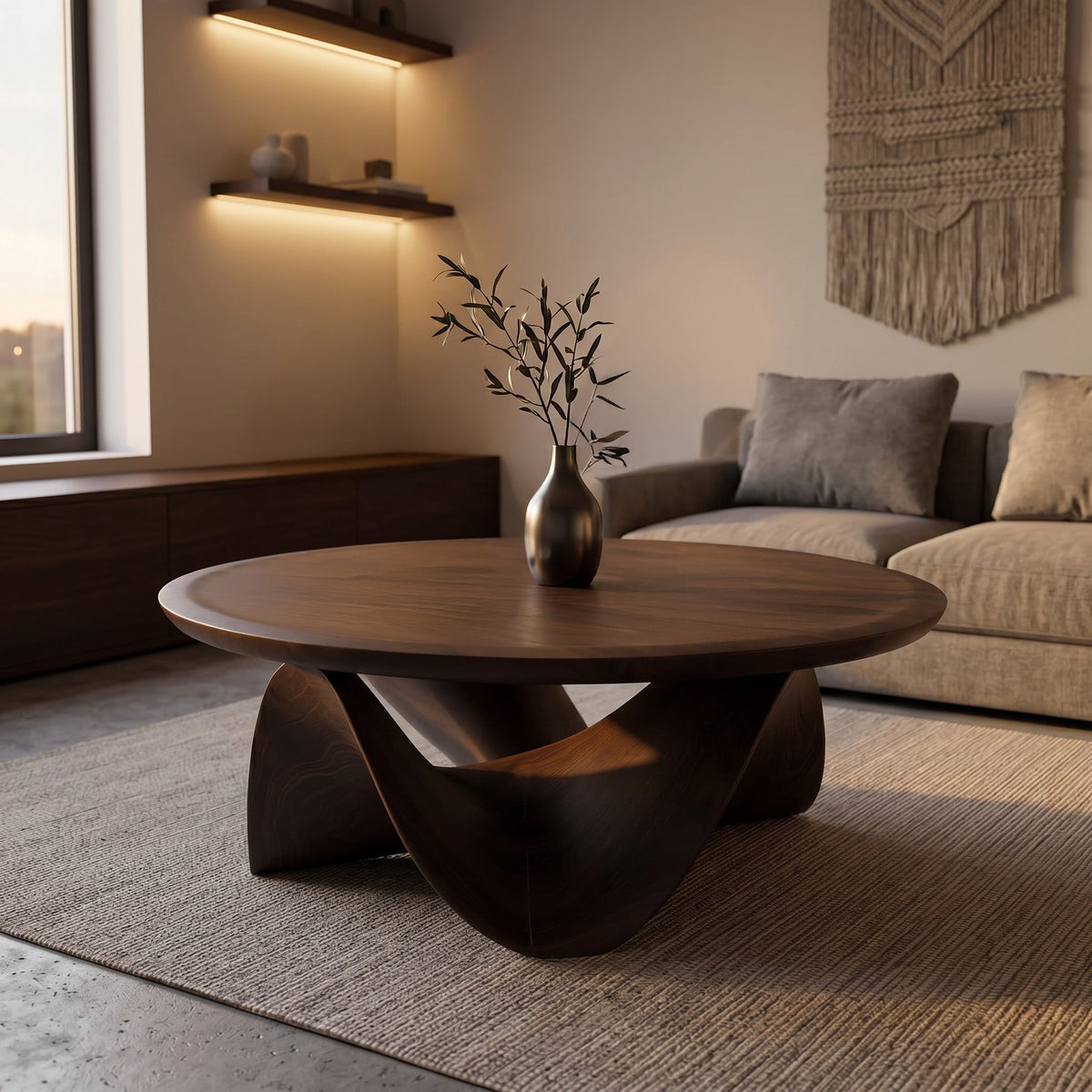 Solid Wood Round Coffee Table with Sculptural Curved Base in Walnut finish