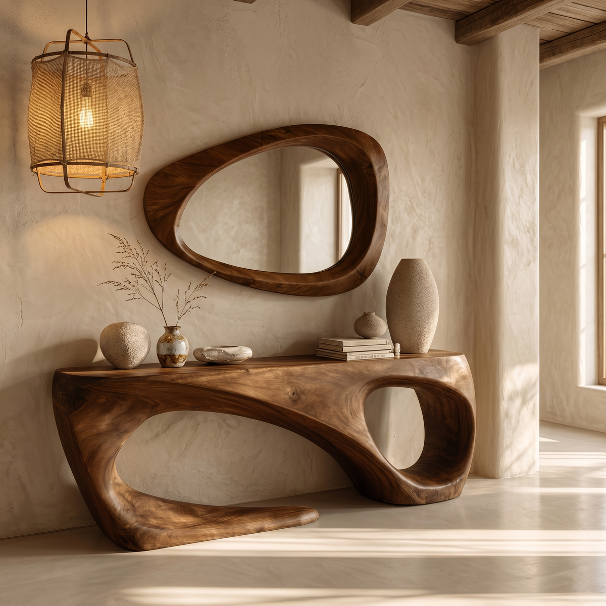 Rustic Solid Wood Console Table with Flowing Sculptural Base in Brown finish
