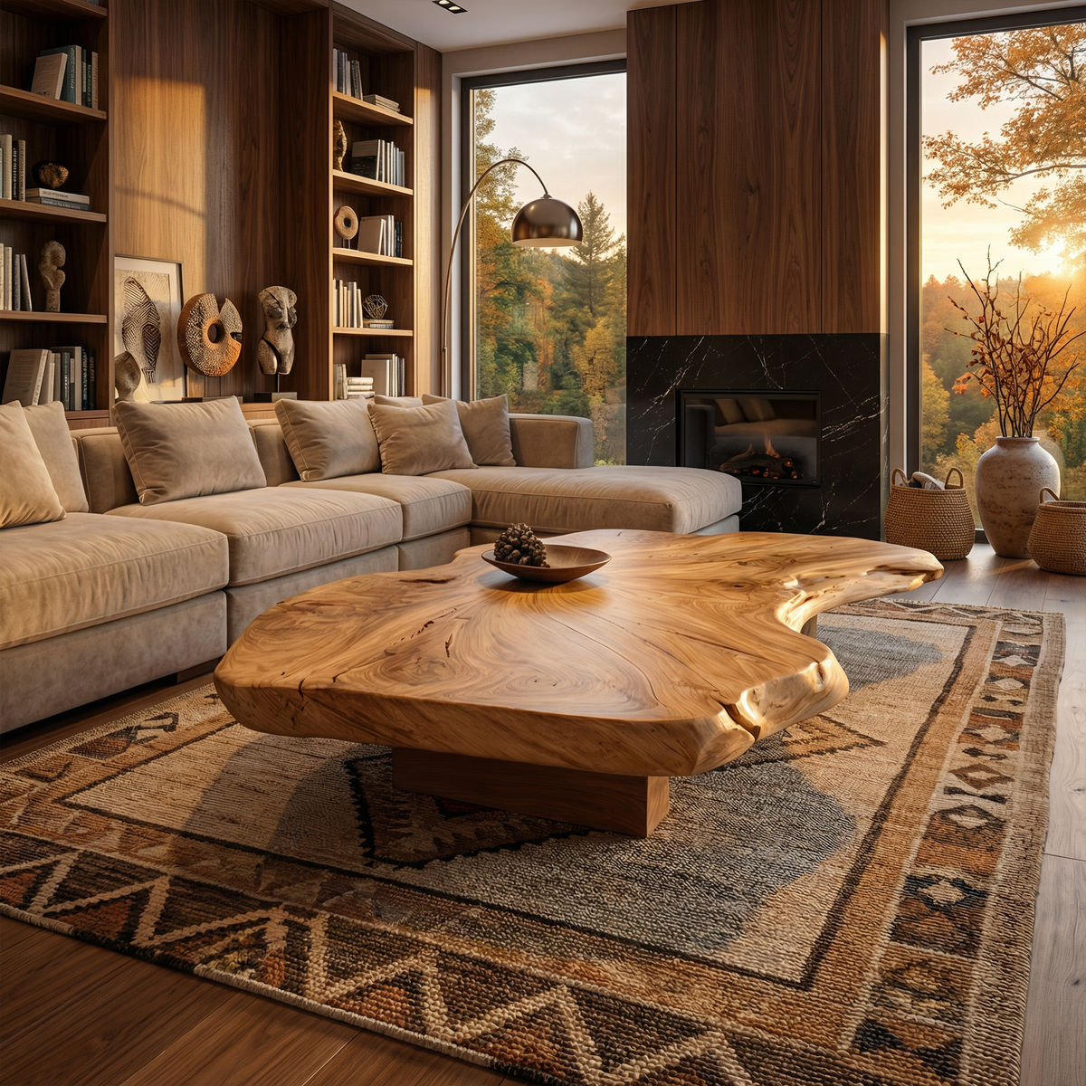 Solid Wood Slab Coffee Table with Organic Freeform Edge in Brown finish