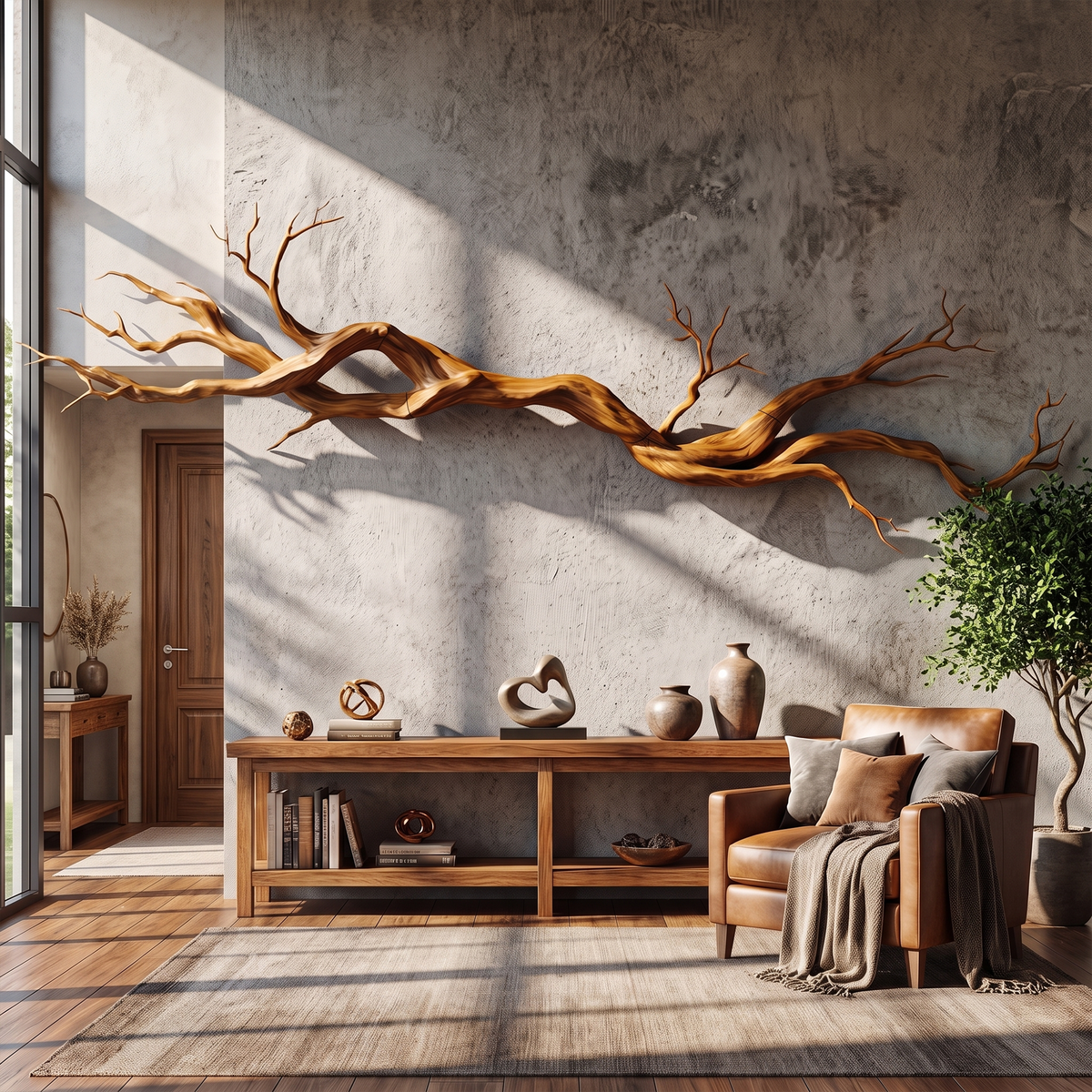 Natural Tree Root Solid Wood Wall Sculpture with Vine Form in Brown finish