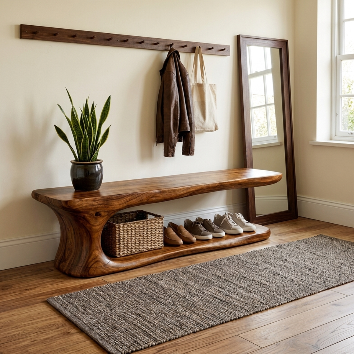 Rustic Live Edge Solid Wood Shoe Bench for Entryway in Brown finish
