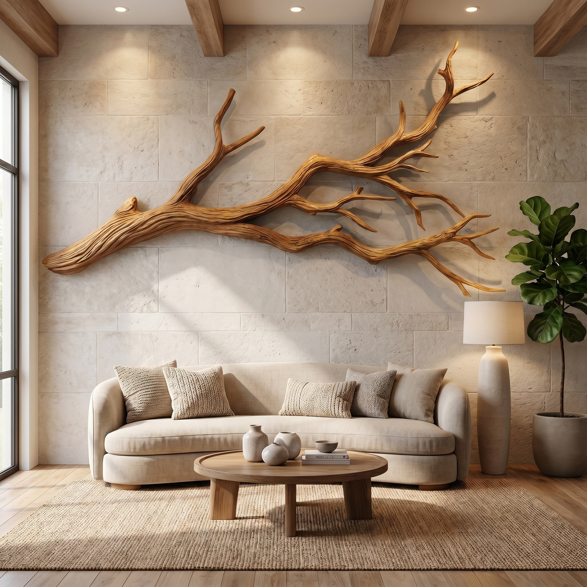 Natural Tree Root Wall Sculpture with Flowing Organic Form in Brown finish