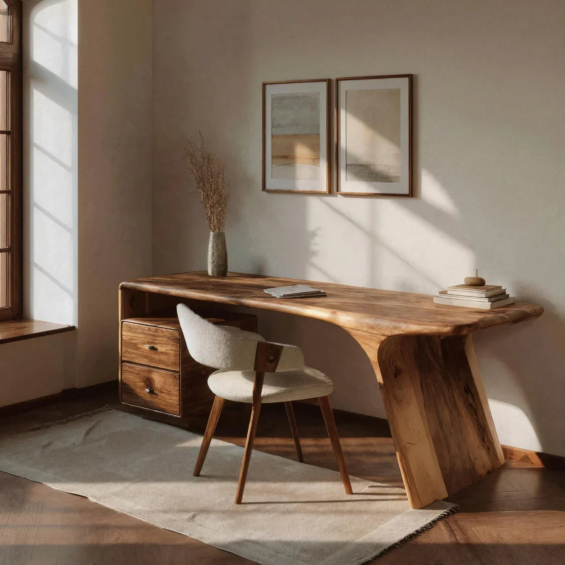 Solid Wood Desk with Drawers and Curved Sculptural Base in Brown finish