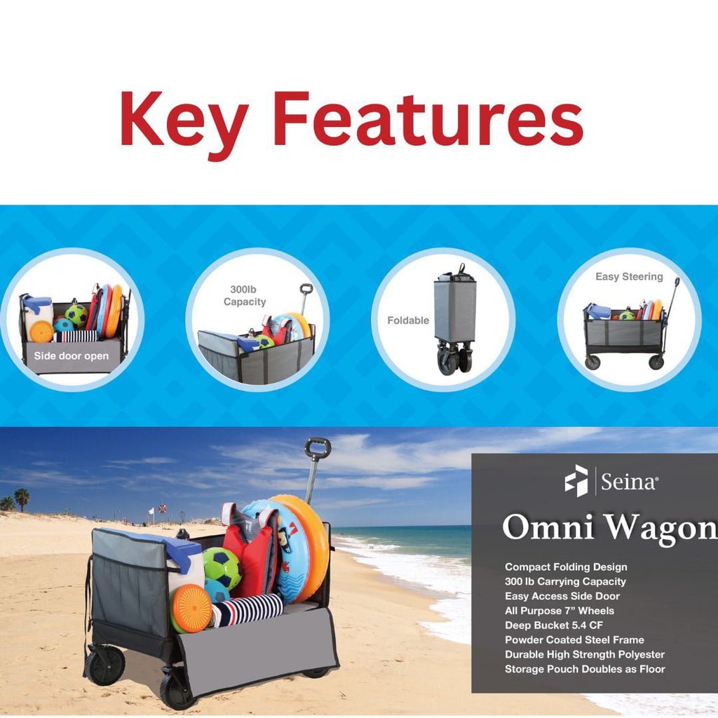 Seina Omni Multi-Purpose Assembled in Outdoor Wagon in Gray, High Strength Polyester Fabric. Easy Access Side Door. Compact Folding Design
