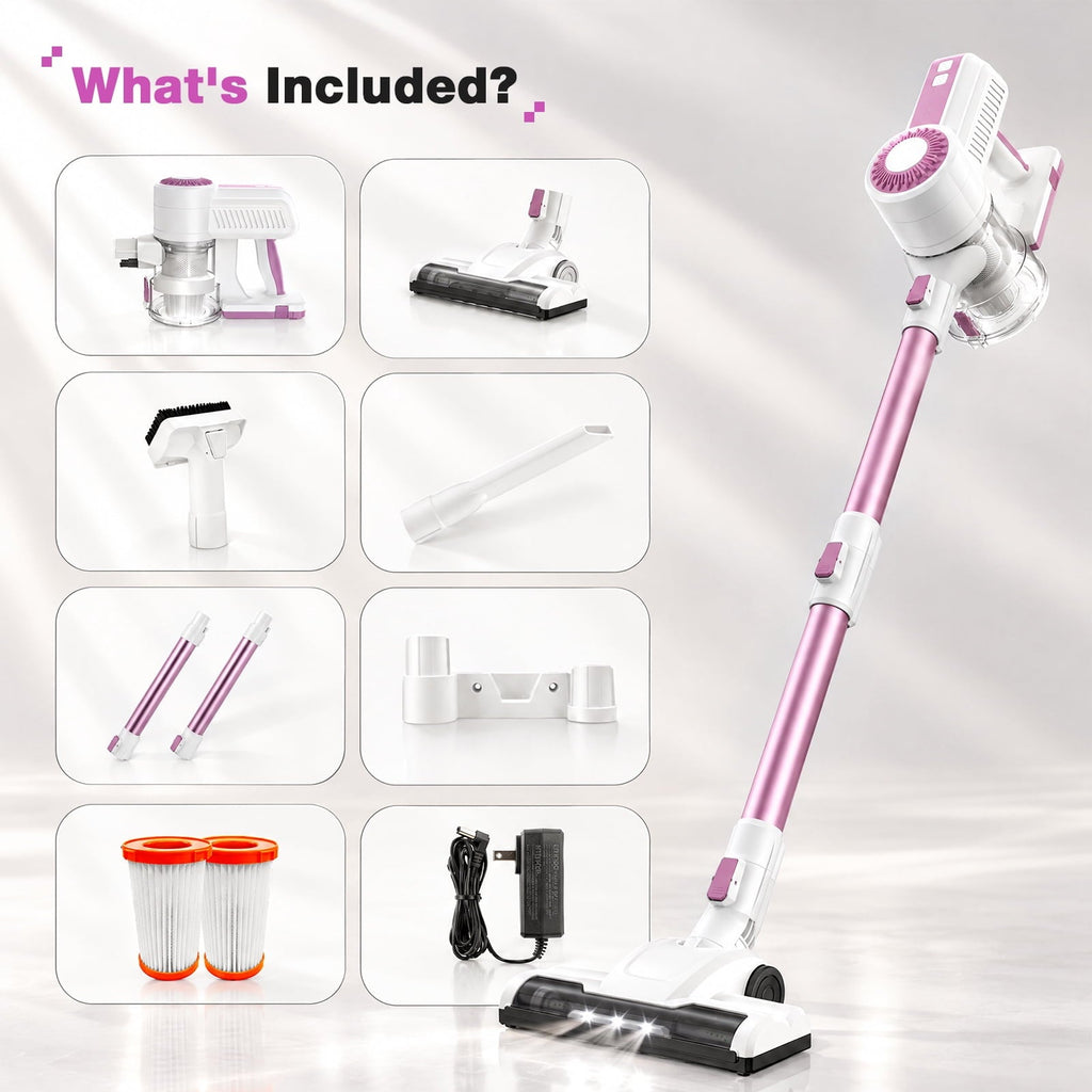 MOOSOO Stick Vacuum Cleaner, 6-in-1 Lightweight Cordless Vacuum for Hard Floor Carpet Pet Hair, L12 Pink