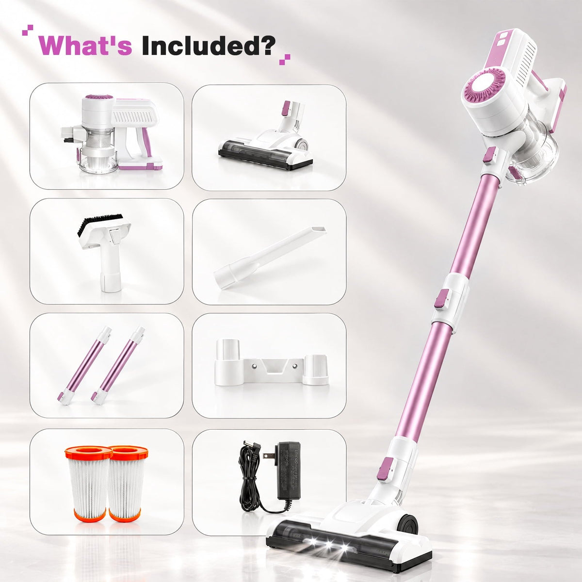 MOOSOO Stick Vacuum Cleaner, 6-in-1 Lightweight Cordless Vacuum for Hard Floor Carpet Pet Hair, L12 Pink