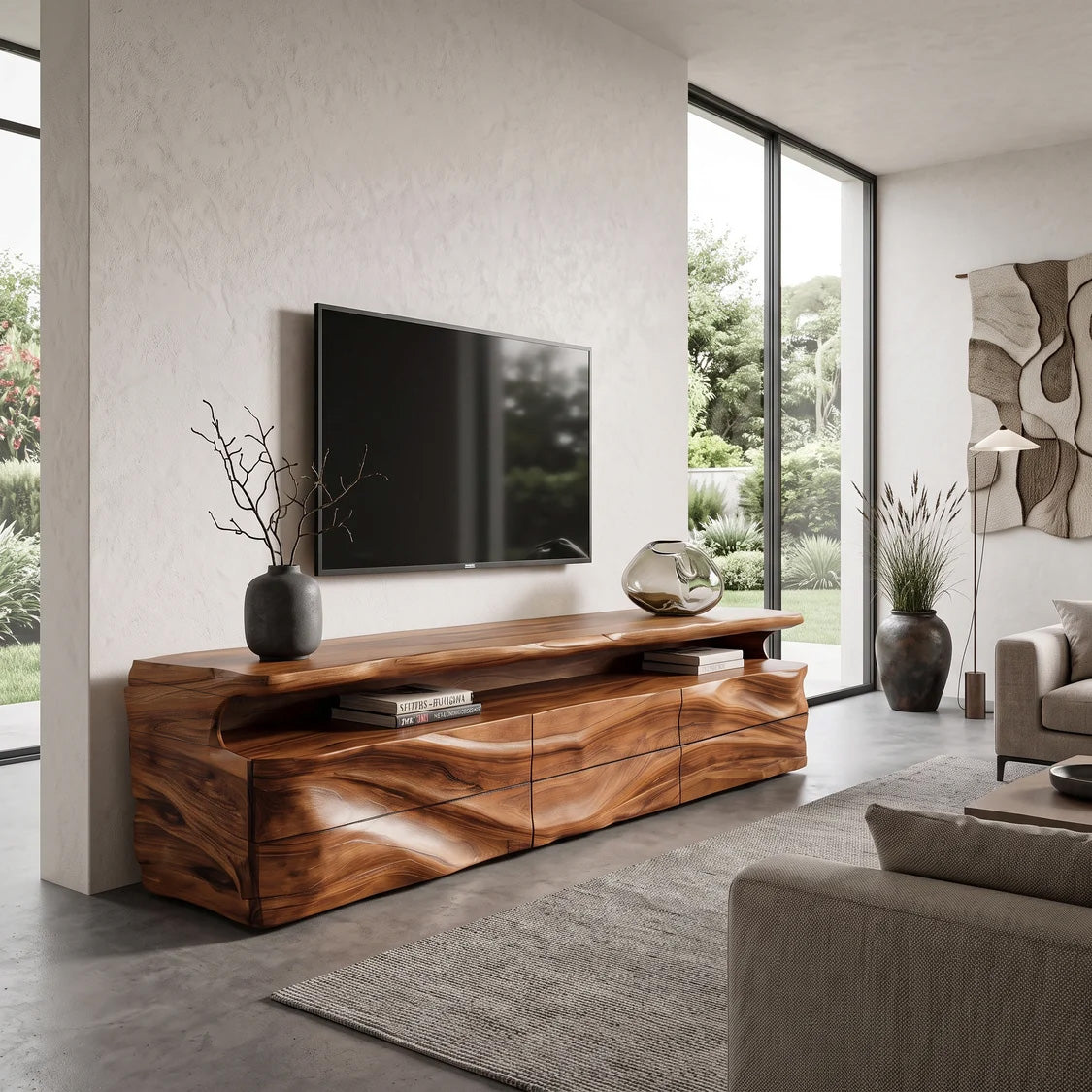 Sculptural Solid Wood TV Console with Shelf and Drawers in Brown finish