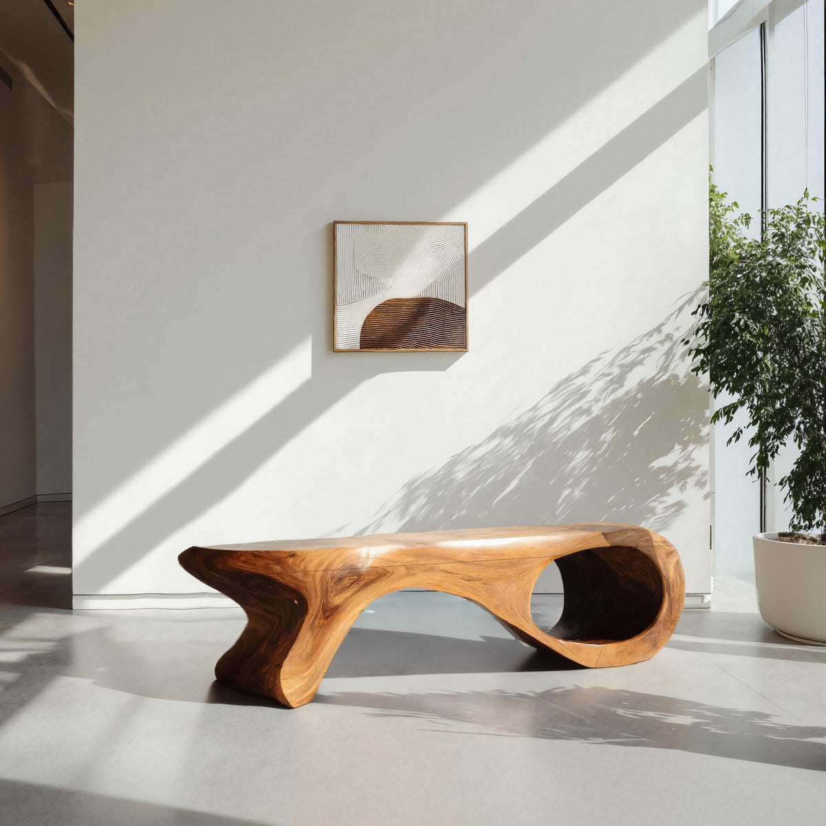 Sculptural Solid Wood Entryway Bench with Carved Curves in Brown finish