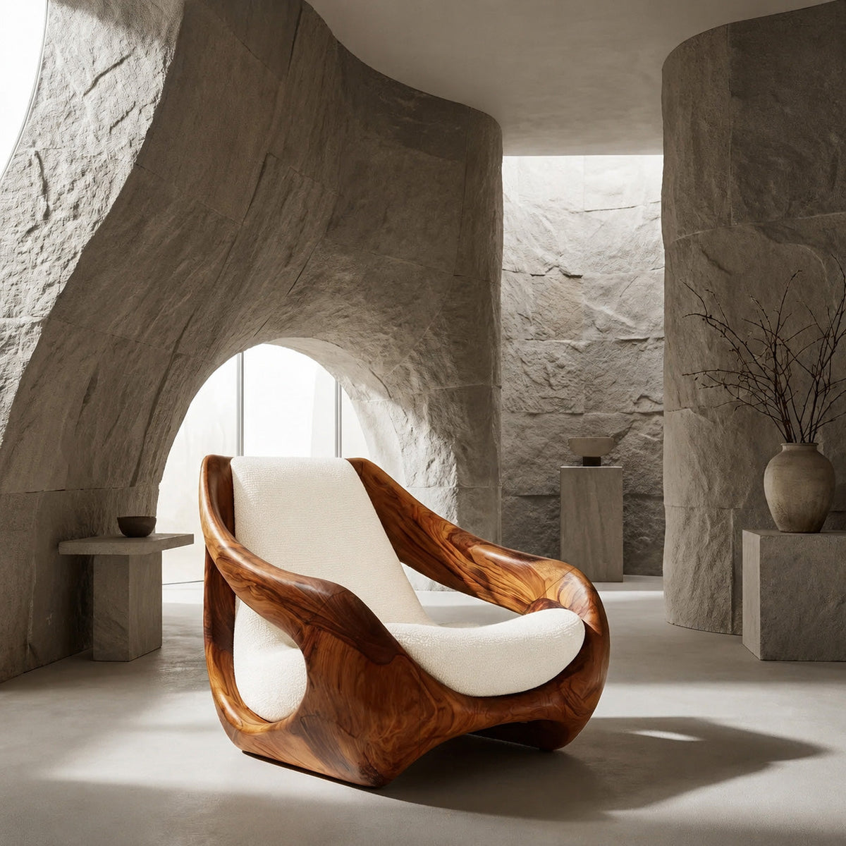 Sculptural Carved Solid Wood Accent Chair with Fluid Form in Brown finish