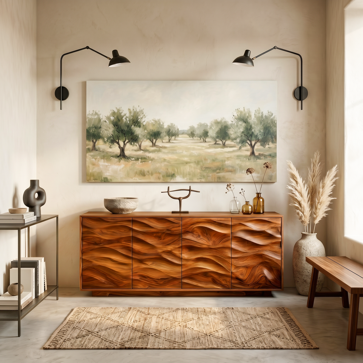 Minimalist Solid Wood Sideboard with Wave-Carved Doors in Brown finish