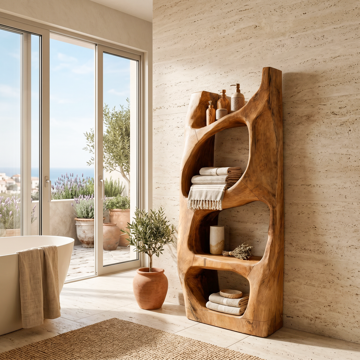 Hand-Carved Sculptural Solid Wood Bathroom Towel Shelf in Brown finish