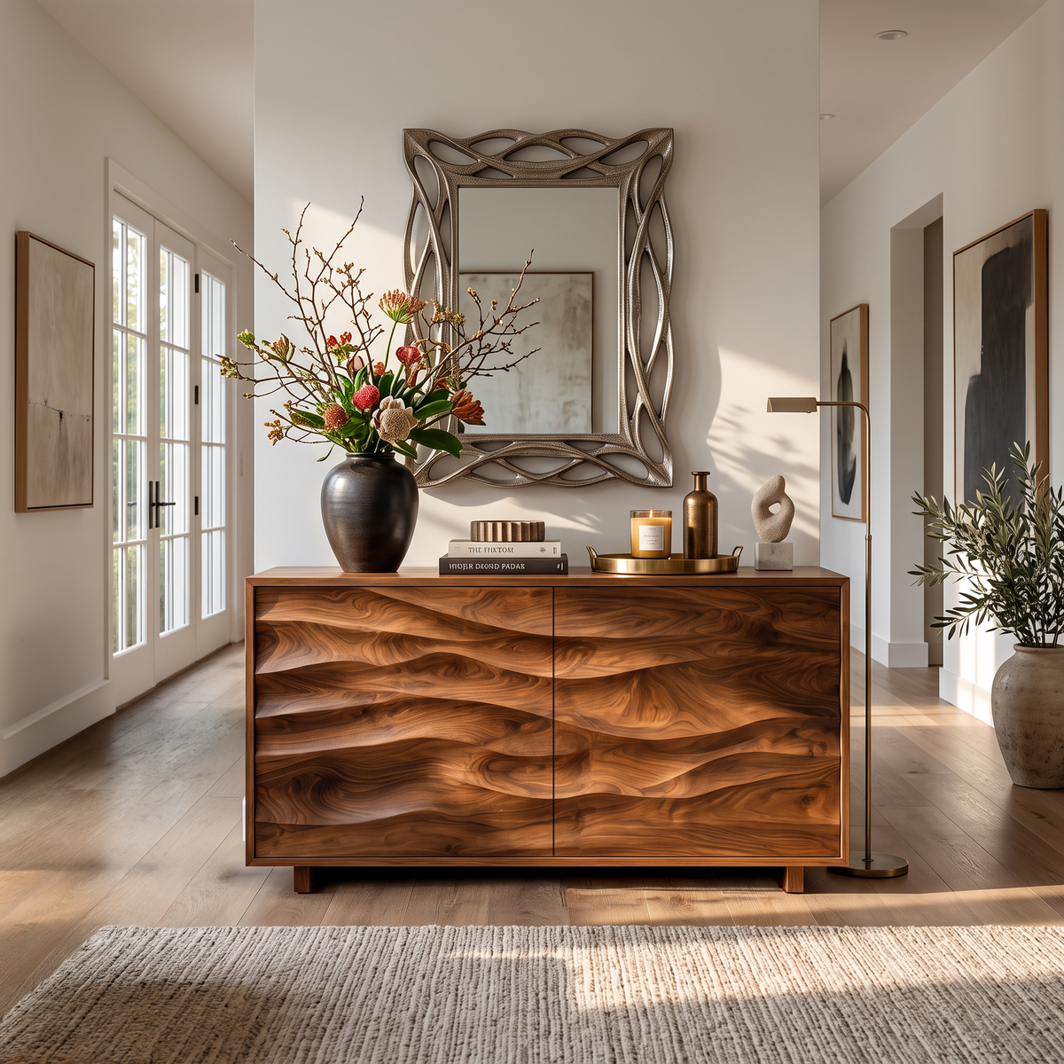 Wave Carved Solid Wood Sideboard with Sculpted Front Panels in Brown finish