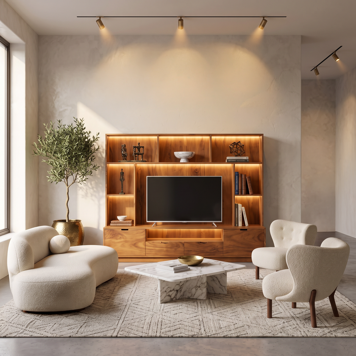 Solid Wood TV Wall Unit with LED Lit Shelves and Cabinets in Brown finish