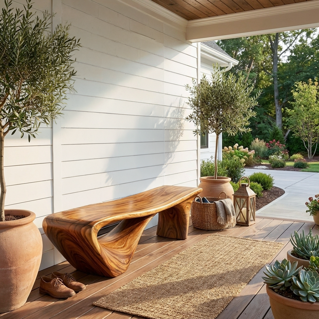 Wave-Form Sculptural Solid Wood Bench for Entryway or Living Room in Brown finish