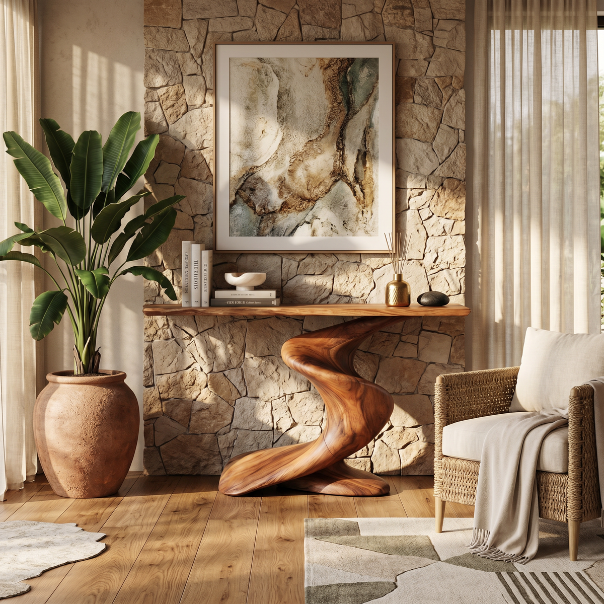 Handcrafted Solid Wood Console Table with Natural Knots and Grain in Brown finish