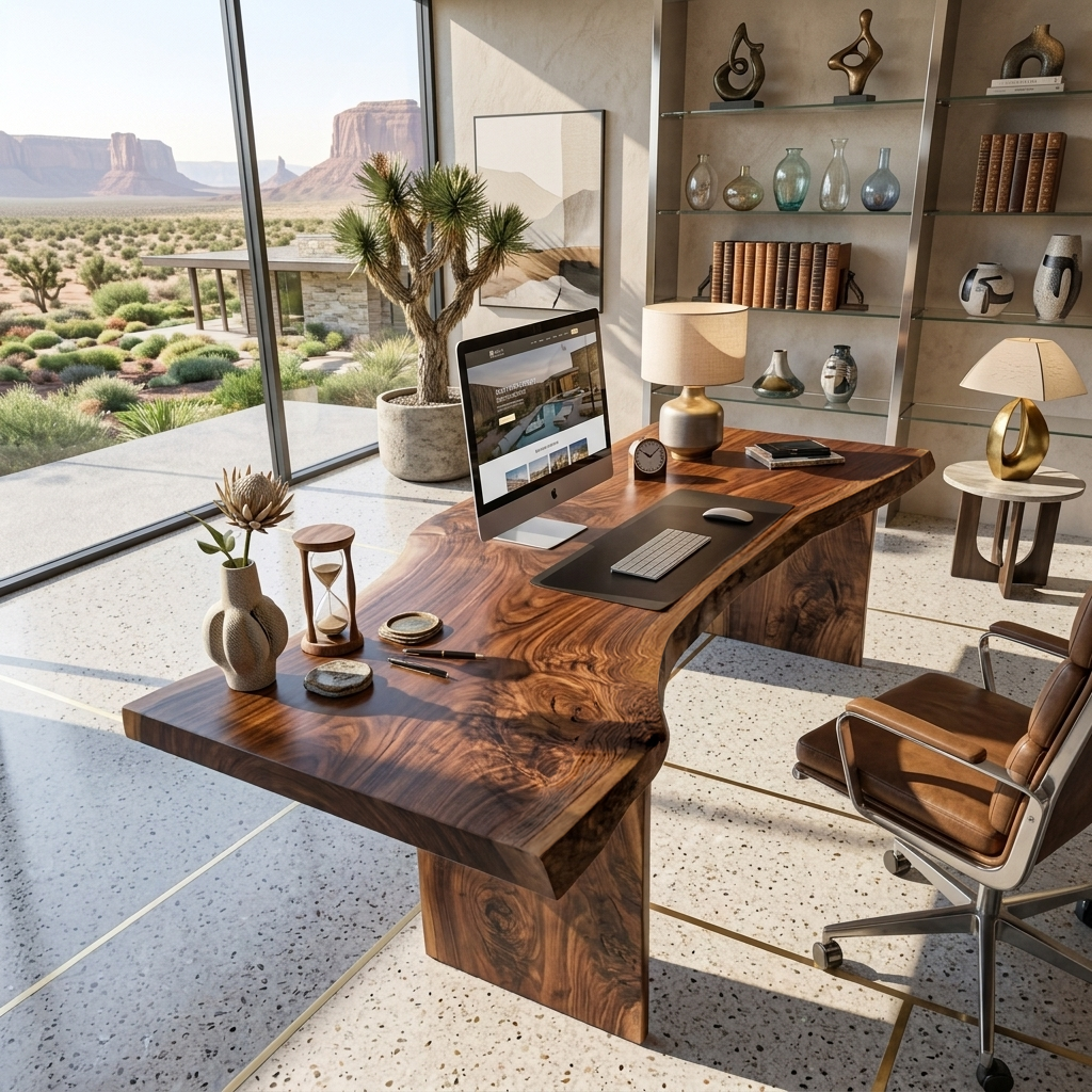 Organic Curved Live Edge Solid Wood Office Desk in Brown finish