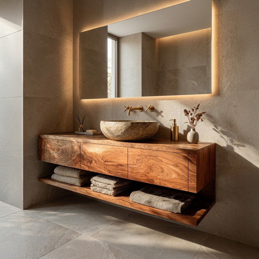 Mid-Century Solid Wood Floating Vanity with Drawers and Shelf in Brown finish