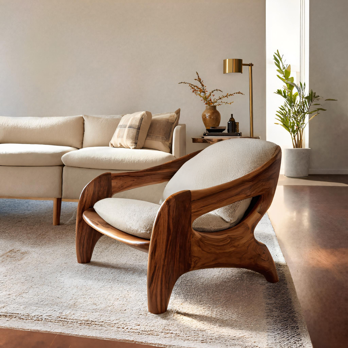 Sculptural Solid Wood Accent Chair with Upholstered Seat in Brown finish