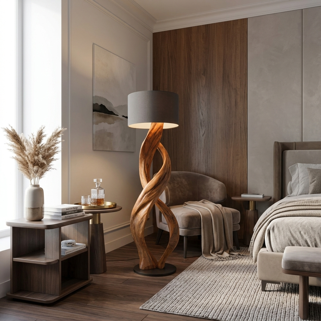Twisted Solid Wood Sculptural Floor Lamp with Simple Shade in Brown finish