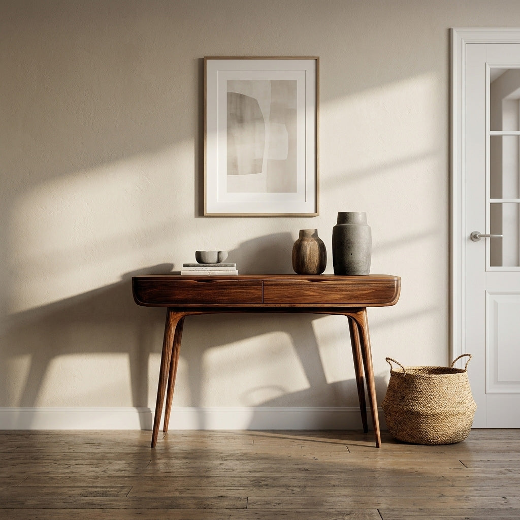 Mid-Century Solid Wood Console Table with Slim Drawer and Tapered Legs in Brown finish