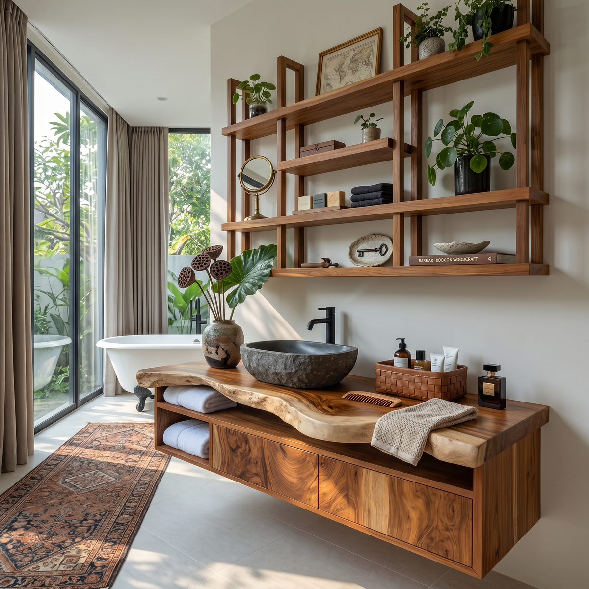 Rustic Live Edge Wall-Mounted Bathroom Vanity in Solid Wood in Brown finish