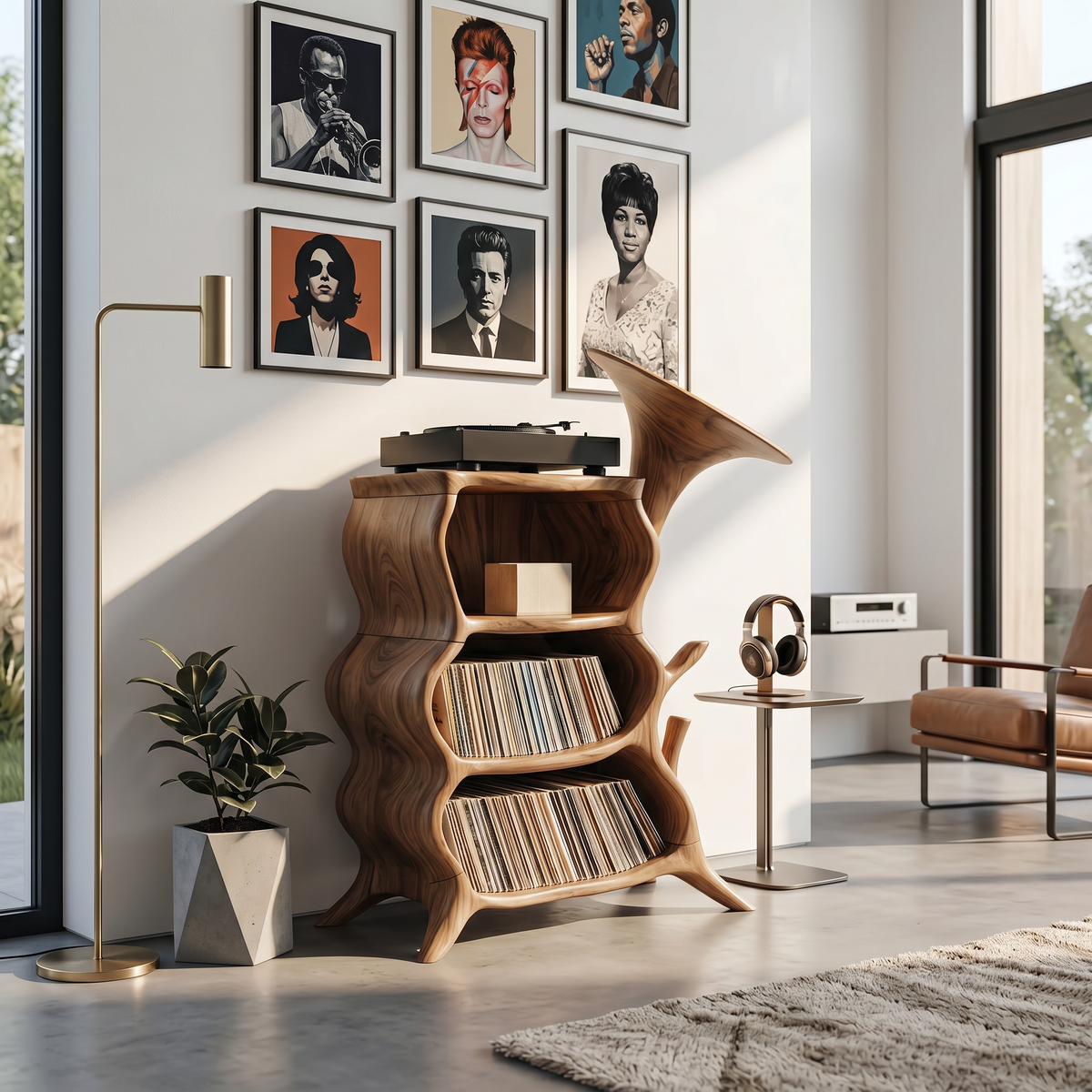 Hardwood Record Player Stand with Minimalist Cube Profile in Brown finish
