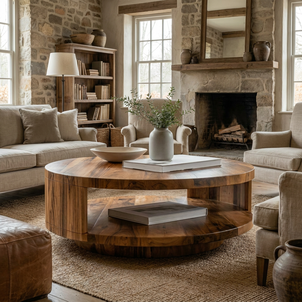 Modern Round Solid Wood Coffee Table with Lower Shelf in Brown finish
