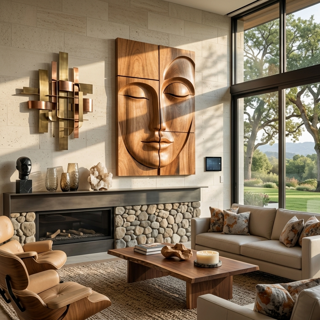 Carved Solid Wood Buddha Face Wall Art Panels in Brown finish