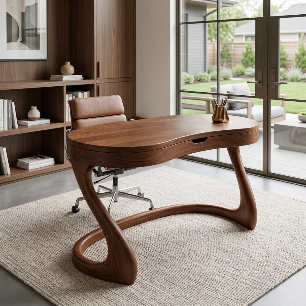 Sculpted Solid Wood Desk with Drawers for Minimalist Home Office in Brown finish